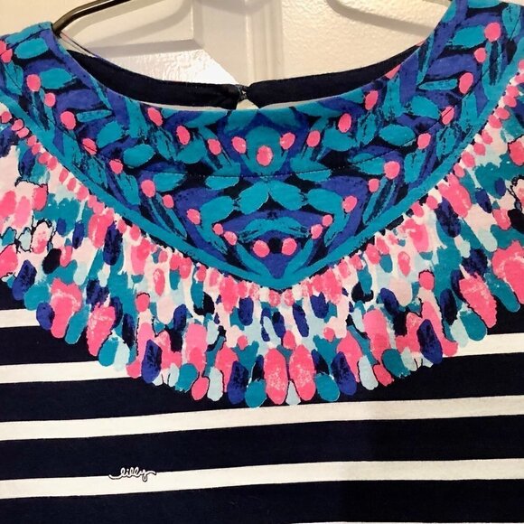 Navy Stripe “Bay” Long Sleeve Dress in “Tropical Island Medallion” Girls Size XL - Picture 2 of 8